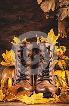 Autumn background with brown leather boots, pumpkins, maple and oak leaves on rustic wood background,. Country style female