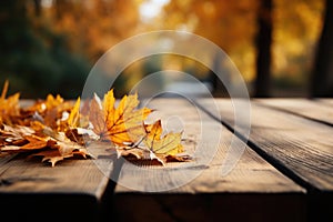 Autumn background, close up of old empty wooden table over the lake with copy space