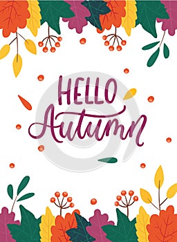 Autumn background with colorful leaves in flat style with lettering. Fall seasonal vector illustration