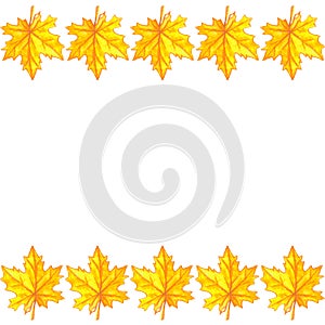 Autumn background with copy space with border of yellow maple leaves around edges. For creating invitation, ending, frame,