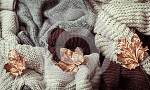 Autumn background with cozy sweaters and gold leaves