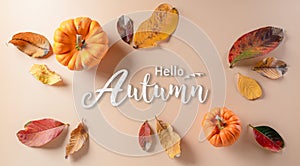 Autumn background decor from dry leaves and pumpkin on pastel paper background. Flat lay, top view with copy space for Autumn,