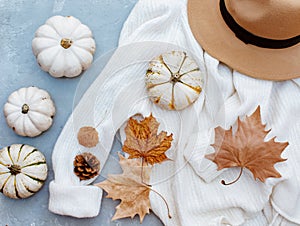 Autumn background decoration from dry leaves and pumpkin on background