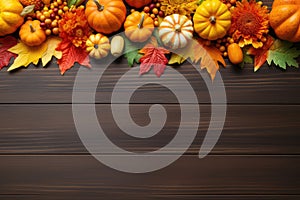 Autumn background decoration from dry leaves and pumpkin on dark wooden background