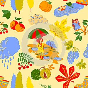 Autumn background design as landscape with girl with umbrella