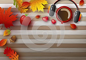 Autumn background design of coffee cup and earphone with leaves photo