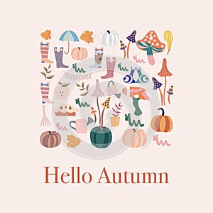 Autumn background with a diveristy of autumn elements. Vector icons in a square shapte. Creative template. photo