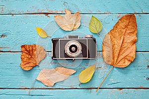 Autumn background with dry leaves and old camera