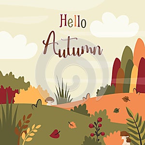 Autumn background. Fall landscape with field, yellow meadow, mushrooms, berries, calligraphic text. Rural area. Nature template.