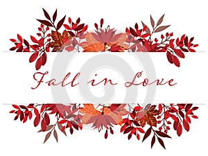 Autumn background with Fall in Love text on autumn leaves frame