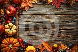 Autumn background from fallen leaves and fruits with vintage place setting on old wooden table. Thanksgiving day concept.