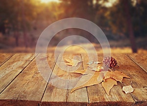 Autumn background of fallen leaves over wooden table and forest backgrond with lens flare and sunset
