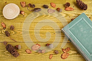 Autumn background. flat lay. wood, cones, acorns and vintage books on green grunge wooden background