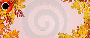 Autumn background. A frame made of autumn leaves. Autumn banner. Background with copy space. Horizontal. Top view.