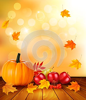 Autumn background with fresh fruit and leaves. Hea