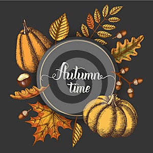 Autumn background with hand drawn leaves and pumpkins and lettering calligraphy phrase on black.