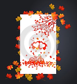 Autumn background with heart shape maple leaves card