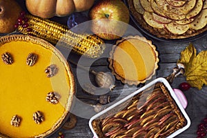 Autumn background. Homemade Pumpkin, apple Pies for Thanksgiving