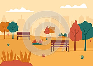 Autumn Background Landing Page Illustration Falling Leaves and Leaf Flying on the Grass. Landscape Trees With Yellow Foliage In