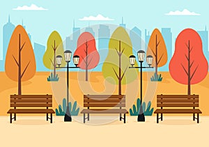 Autumn Background Landing Page Illustration Falling Leaves and Leaf Flying on the Grass. Landscape Trees With Yellow Foliage In