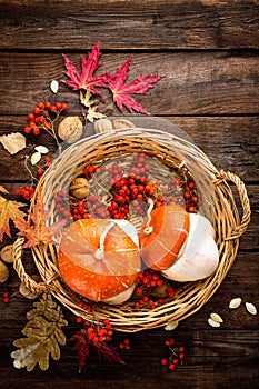 Autumn background with leaves and pumpkins, thanksgiving and halloween card