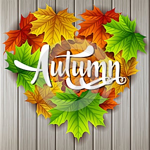 Autumn background with maple leaves shape heart on wood board background