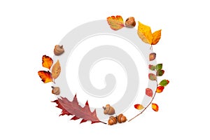 Autumn background with natural decor. Wreath made of autumn dried leaves. Flat lay, top view. Copy space for seasonal promotions