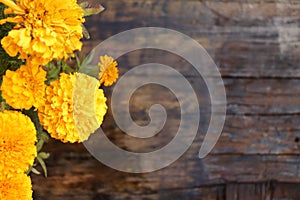 autumn background, natural wood background, beautiful yellow flowers on the side, place for text, agenda, card, celebration