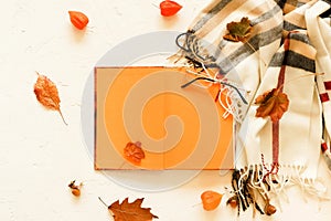 Autumn background. Open book for text layout, mock up , scarf in a cage