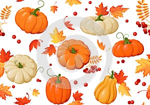 Autumn background with pumpkins and autumn leaves. Vector illustration