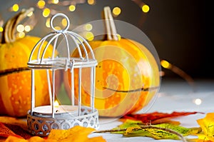 autumn background with pumpkins and leaves and candle