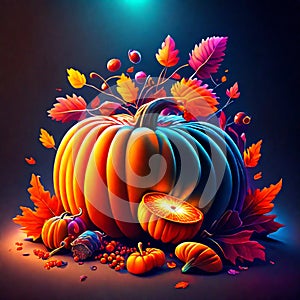 Autumn background with pumpkins and leaves. Vector illustration for your design Generative AI