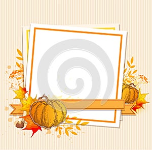 Autumn background with pumpkins and maple leaves