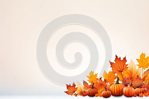an autumn background with pumpkins and maple leaves
