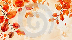 Autumn background with red and orange leaves on a light brown background.