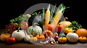 Autumn background with seasonal fruits and vegetables