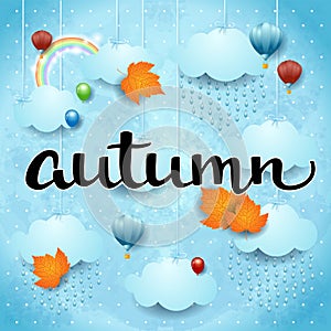 Autumn background with sky, leaves and watercolor calligraphy