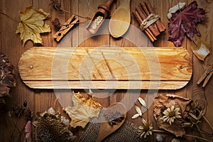 Autumn background with spices, dried flowers, copy place for ins