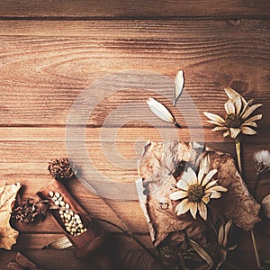 Autumn background with spices, dried flowers, copy place for inscription, top veiw