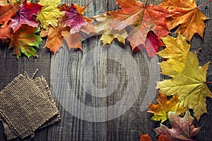 Autumn background with spices, orange leaf on old grunge wood de