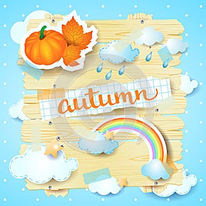 Autumn background with stickers and watercolor lettering