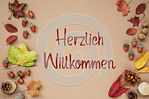 Autumn Background with Text Herzlich Willkommen