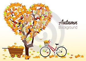 Autumn background with a tree and a bicycle. Vector