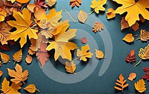 Autumn background, tree paper leaves, yellow backdrop, design for fall season sale banner