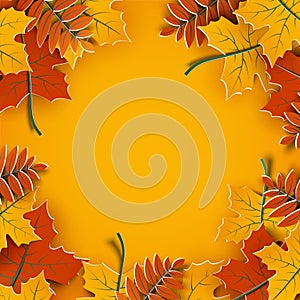 Autumn background, tree paper leaves, yellow backdrop, design for fall season sale banner, poster, thanksgiving day greeting cards