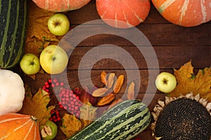 Autumn background with vegetables on wooden surface