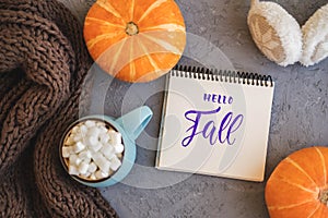 Autumn background with warm knitted scarf, blue mug with coffee, hot chocolate, cocoa, marshmallow, pumpkin, sign Hello