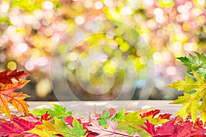 Autumn background with a whis autumn colorful leaves and beautiful sunny bokeh