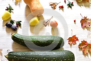 Autumn background on white rustic surface.