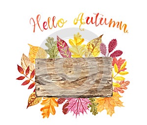 Watercolor Autumn banner with hand painted wood sign and colorful tree leaves, isolated. Fall holidays background